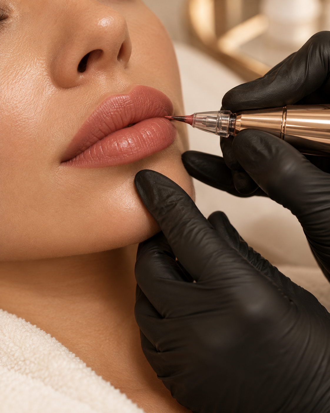 Aplicación de lip blush con dermógrafo sobre labios